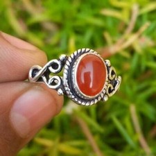 Orange Carnelian Oval Gemstone 925 Sterling Silver Minimalist Ring Gift For Her