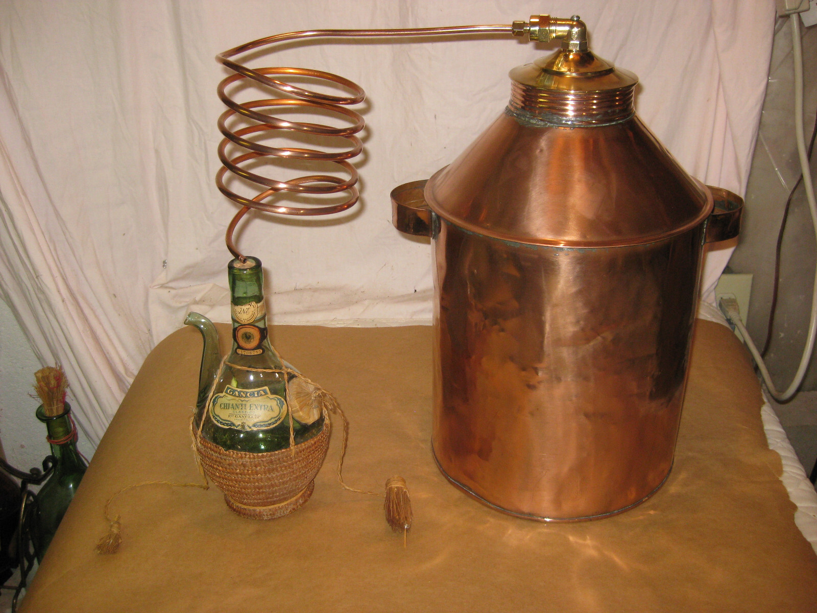 Antique 5 Gal Copper Moonshine Still +Coil + RARE OLD GANCIA WINE SPOUT JUG LQQK