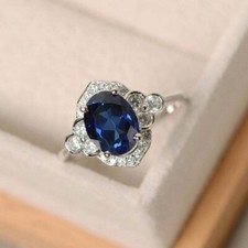 3.50Ct Oval Lab Created Blue Sapphire Halo Engagement Ring 14K White Gold Plated
