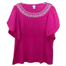 Chico's Pink Embroidered Linen Shirt Top Size 3 / XL Tulip Flutter Short Sleeve