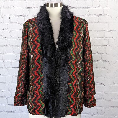 Alberto Makali Large Sweater Jacket w Faux Fur Geometric Zig Zag Long  Sleeve