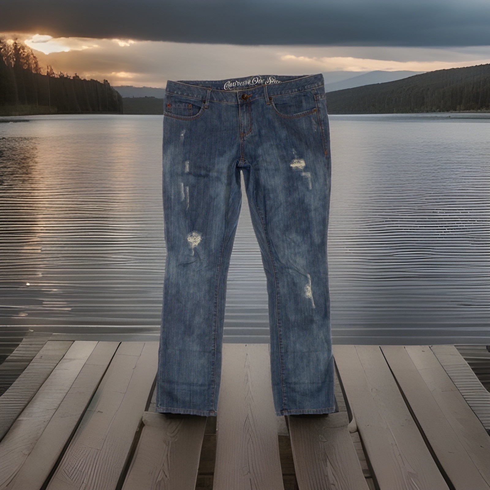 Converse Sheridan Skinny Jeans 32 (37x30.5) Blue Low Waist Distressed Womens