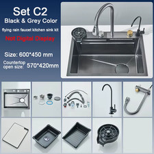 Stainless Steel Kitchen Sink with Faucet Digital Display Large Single Bowl Water