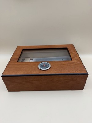 Wood Cigar Humidor Glass Top Hygrometer Humidifier Storage Box New in Box