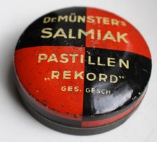 alt Blechdose Dr. M&uuml;nster's Salmiak Rekord Pastillen Ges Gesch Rot Schwarz 6cm