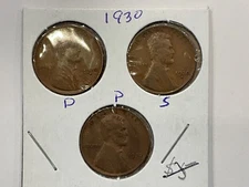 1930 P-D-S Lincoln Wheat Penny Cents Lot of 3 Coins