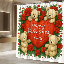 Valentine's Day Shower Curtain with Cute Bears and Roses