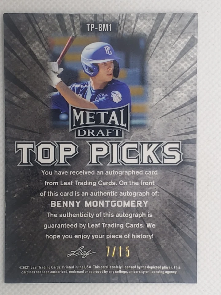 2021 Leaf Metal Draft Top Picks Benny Montgomery #TP-BM1 Blue Crystals /15 Auto - Image 2 of 3