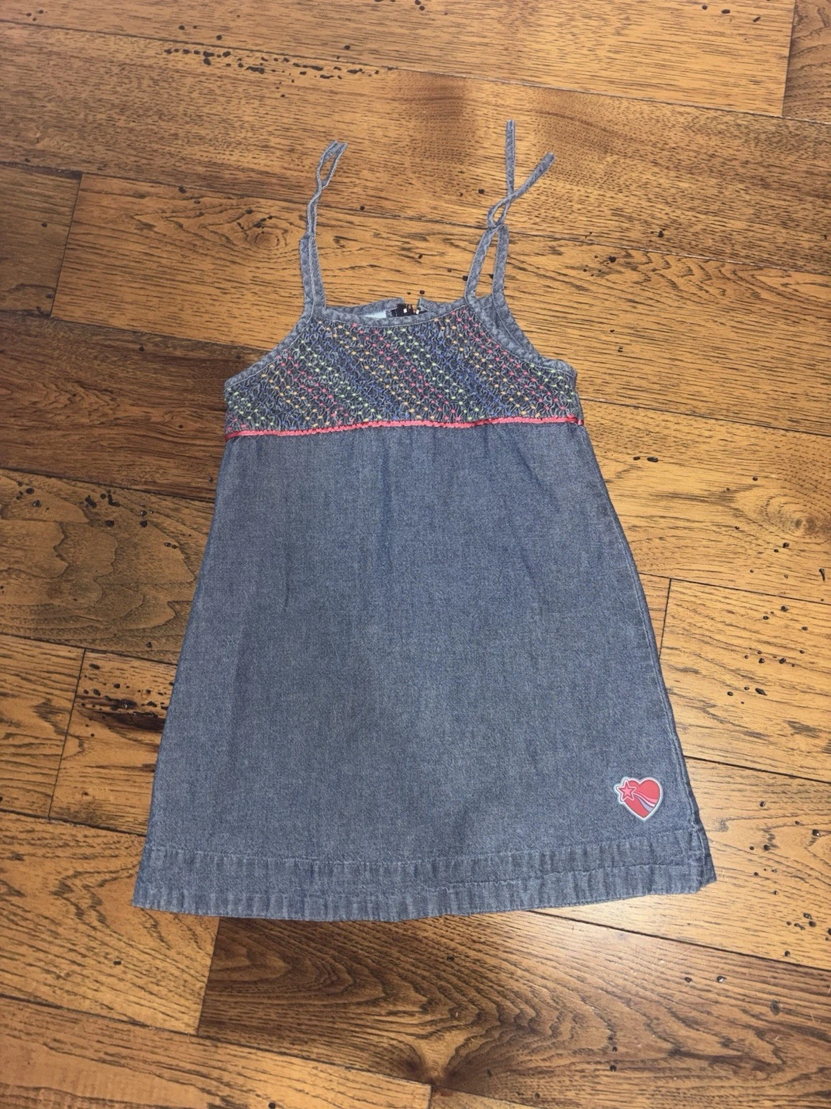 Vintage Healthtex Blue Denim Girl’s Dress with Multicolor Smocked Bodice Size 3T