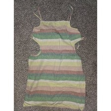 Aerie Striped Linen Blend Cutout Mini Dress Green Tan Small Tie Side Smocked