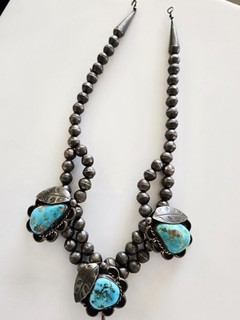 Rustic Vintage Old Pawn Navajo Sterling & Turquoise Bench Bead Choker Necklace