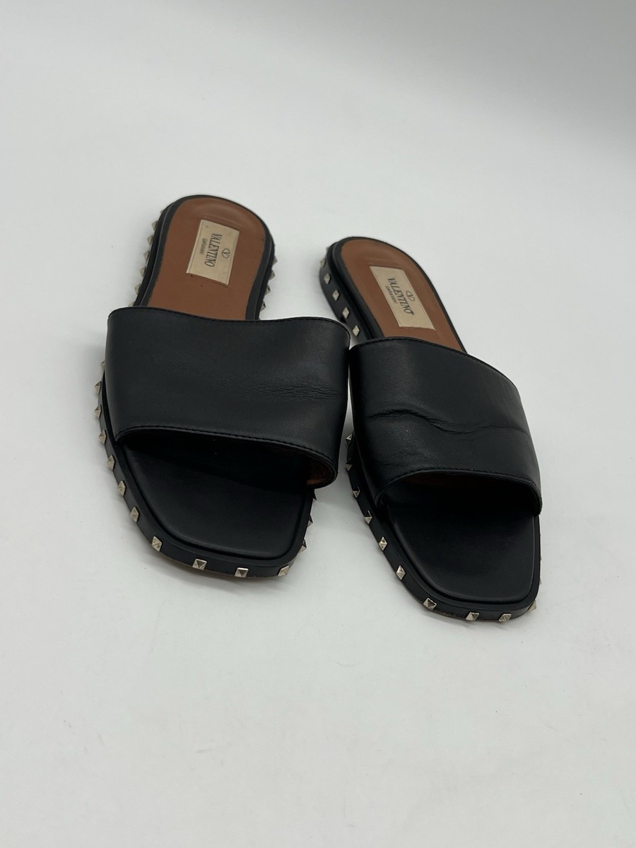 Valentino Women's Sz 36 US 5.5-6 Black Leather Rockstud Slide Flat