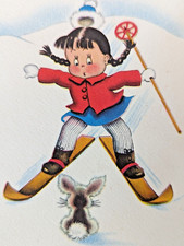 Vintage Susie Q Skiing Bunny Christmas Used American 40's Greeting Card (EB4859)