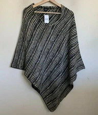 Cejon Poncho Black Gray Tan Multi V-Neck Pullover Asymmetric Hem One Size NEW