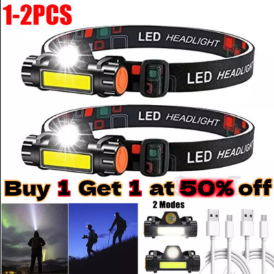 1-2Pack USB Rechargeable Waterproof LED Headlamp Headlight Head Light Flashlight