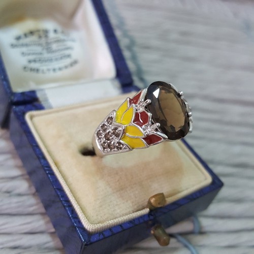 925 Sterling Silver Ring, Smoky Quartz Gem Ring, Enamel Lotus, Size O.5 US 7.5 - Picture 2 of 7