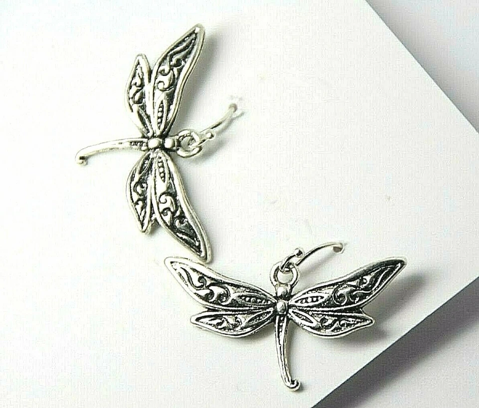 Dragonfly Charm Earrings 925 Sterling Silver Hooks Pewter Charms Bug Lover Gift - Image 3 of 4