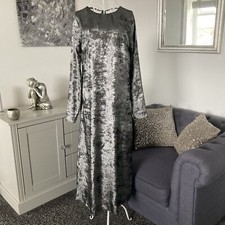 Silver Satin Shimmer Round Neck Tie V-Back Long Sleeve Relaxed Fit Maxi Dress 10