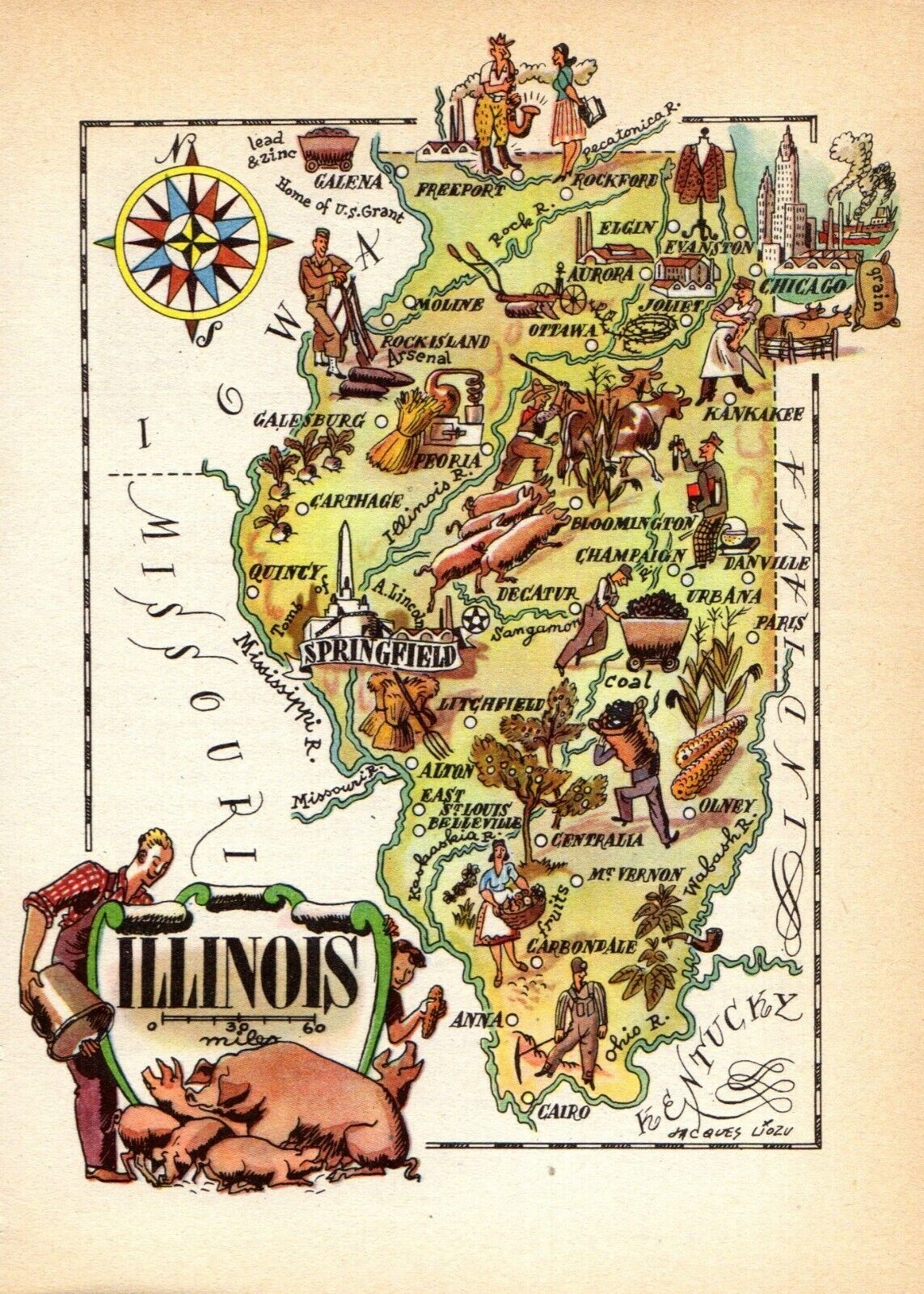 1940s Antique ILLINOIS State Picture Map Vintage Animated Map of Illinois 8114