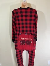 Lazy One Red And Black Check Long John pajamas Bear Cheeks SM Stretch Cotton