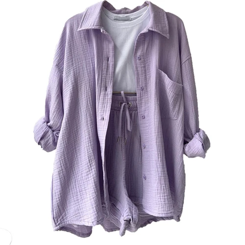 Sommer Damen Musselin Bluse Shirt und Shorts Kleidung Set Strand Outfit Zweiteiler - Bild 21 von 45