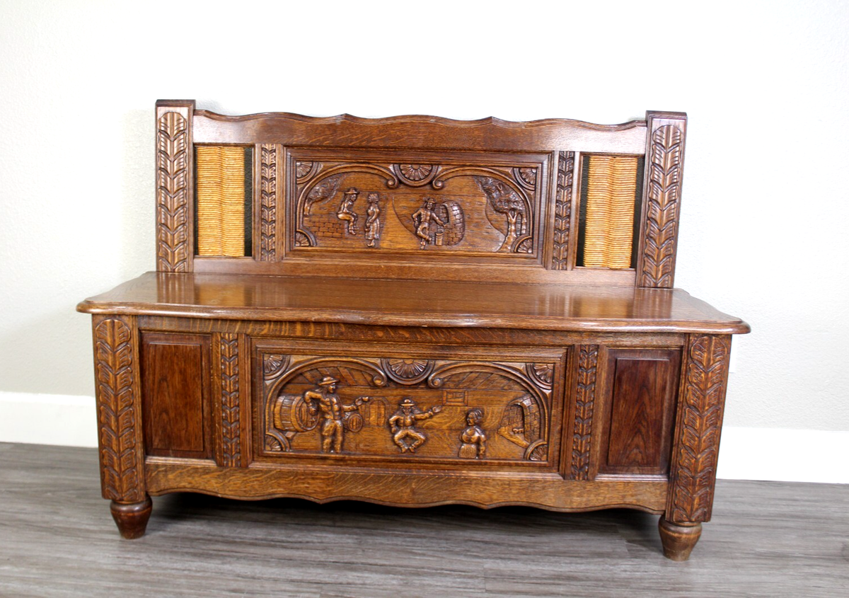 French Antique Brittany Carved Oak Bench w/ Storage Hall Seat