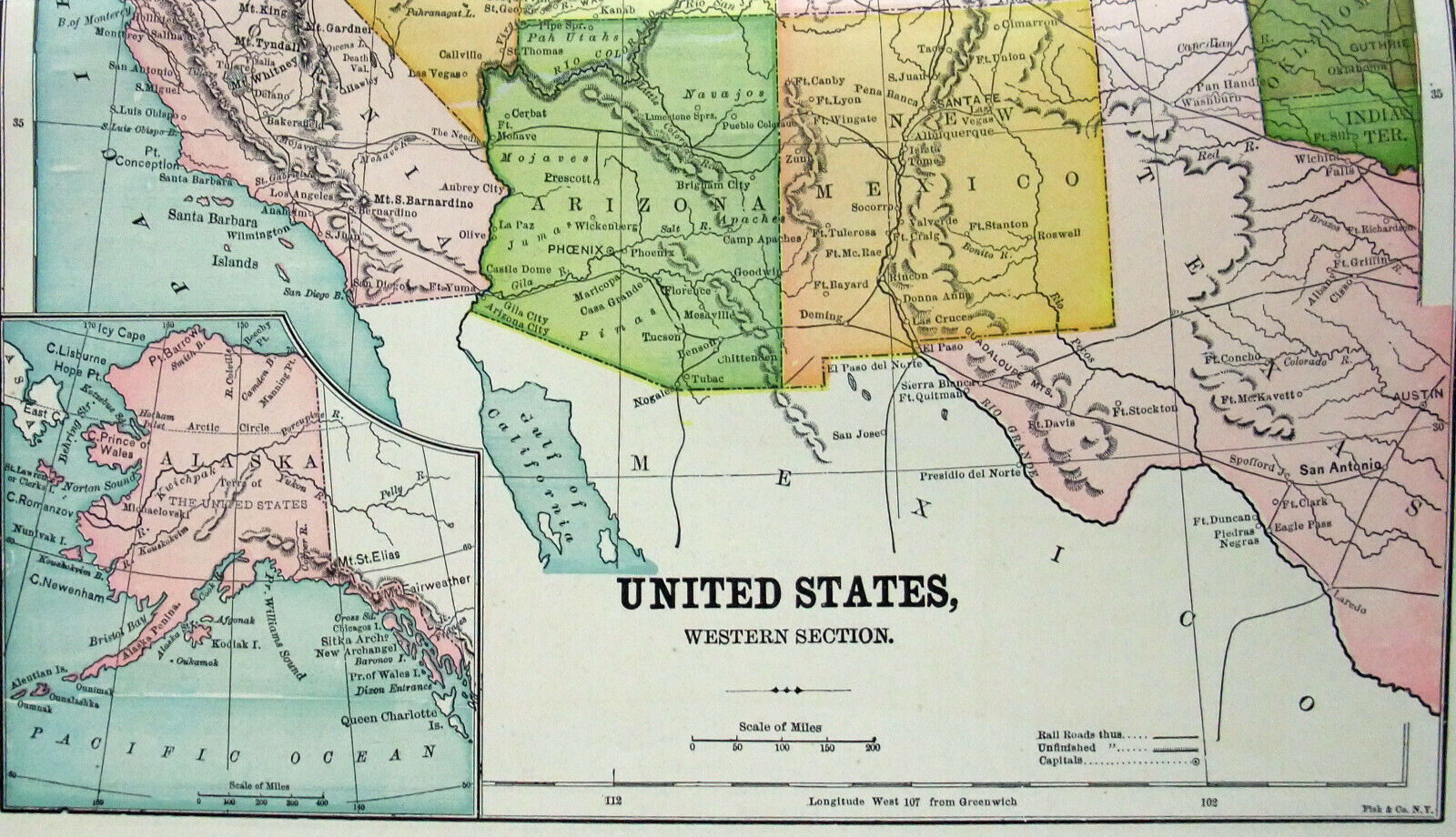 Western United States - Original 1891 Map by Hunt & Eaton. Antique