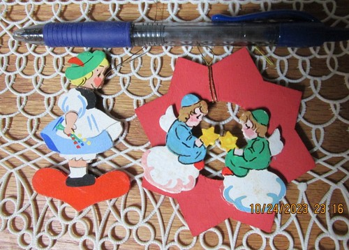 Christmas Vintage Wood Ornaments Little Girl and Star with 2 Angels - Picture 4 of 6