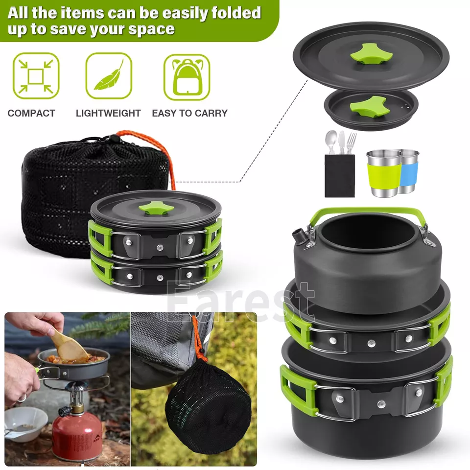 13pcs Camping Cookware Mess Kit Kettle Picnic Cooking Pot Pan Cup Portable Set - Image 2 of 4