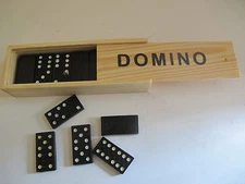 Wood Dominoes in a Wood Box.. 28 Dominoes.. New.