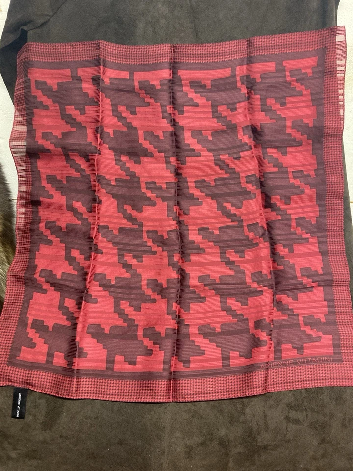 Adrienne Vittadini 100% Silk Scarf Red Burgundy Houndstooth Print 20” Square - Image 2 of 4
