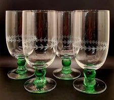 Portmeirion Options FOUR  7" Etched Green Stem Glass Iced Tea Goblets
