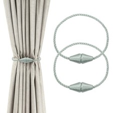 2 Pcs Magnetic Curtain Tiebacks, Modern Weave Curtain Tie Backs, Light Gray Blue