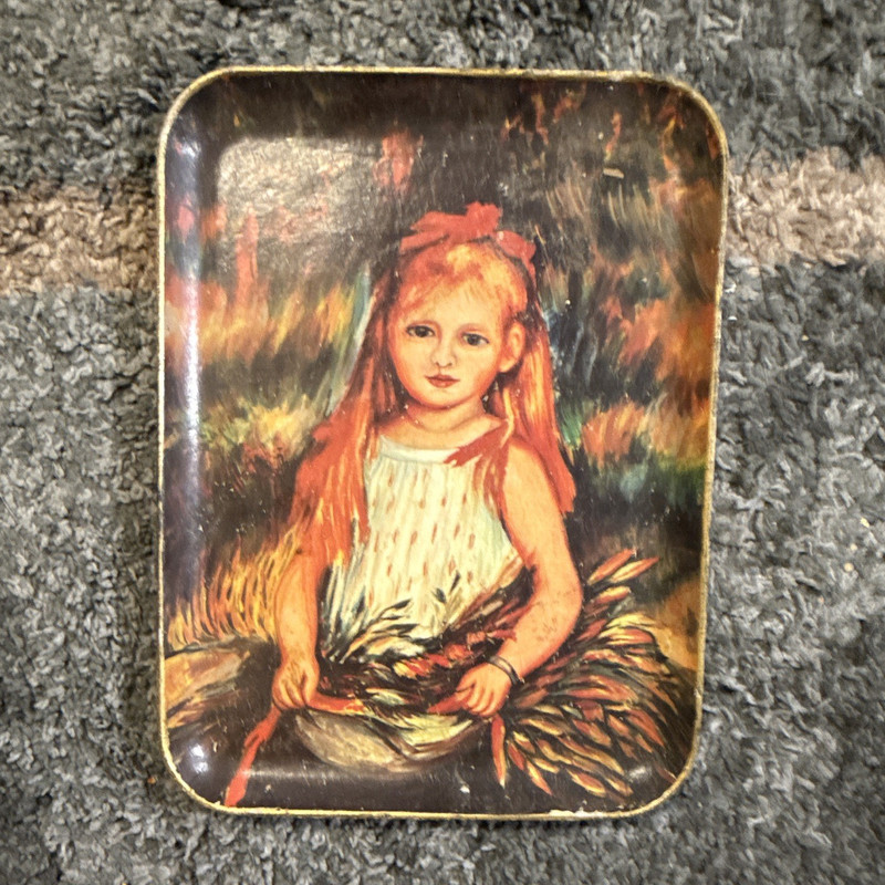 Rectangular Painted Metal Serving Tray, Pictorial Art Girl Portrait, Multicolor