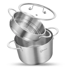 LOLYKITCH 5QT Tri-Ply Stainless Steel Induction Stock Pot, Steamer, Dishwashe...