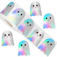 500Pcs Halloween Pholographic Ghost Stickers Rolls 1.2 inches, Rainbow