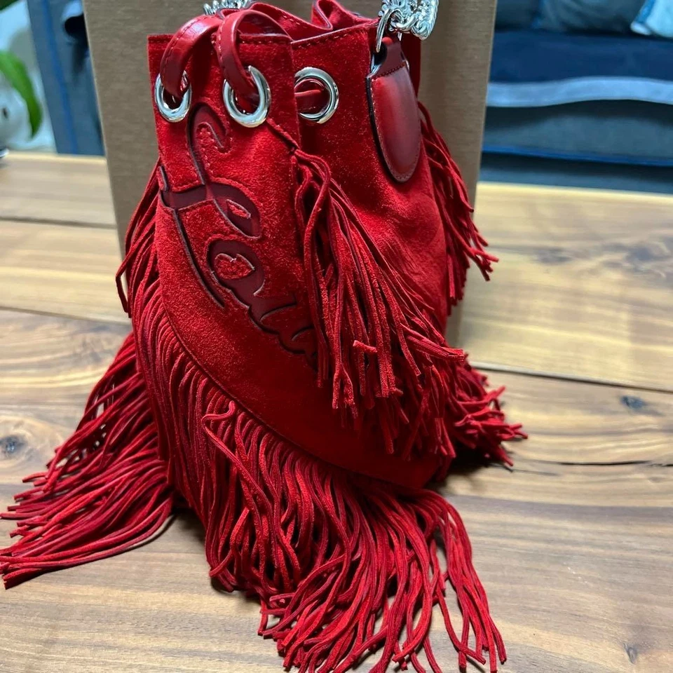 Unused Christian Louboutin Red Fringe Shoulder Bag Red suede Chain strap - Image 4 of 4