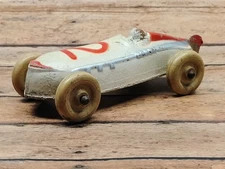 Vintage 1940’s Sun Rubber Toy Indy Style Boat Tail Race Car #2 Red/Silver 4 1/2"