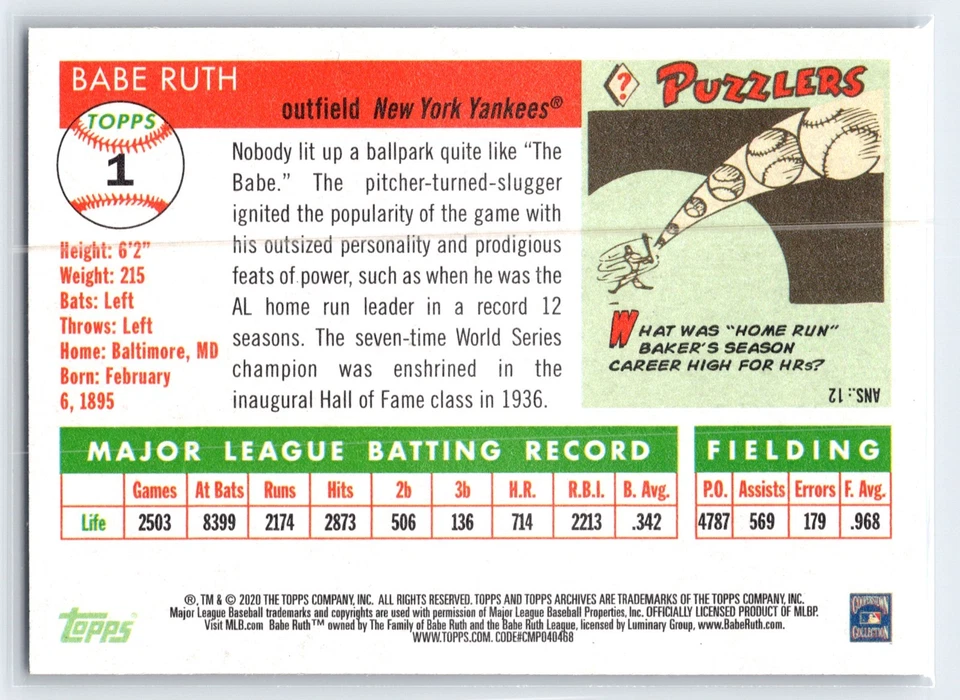 2020 Topps Archives Baseball Babe Ruth #1 - Image 2 of 2