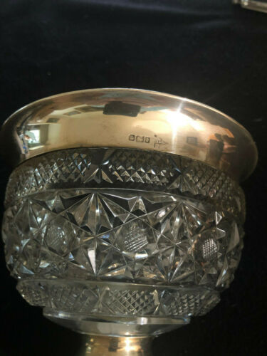 Tazón de cristal de corte y plata esterlina Walker & Hall Sheffield c 1903 - Imagen 2 de 4