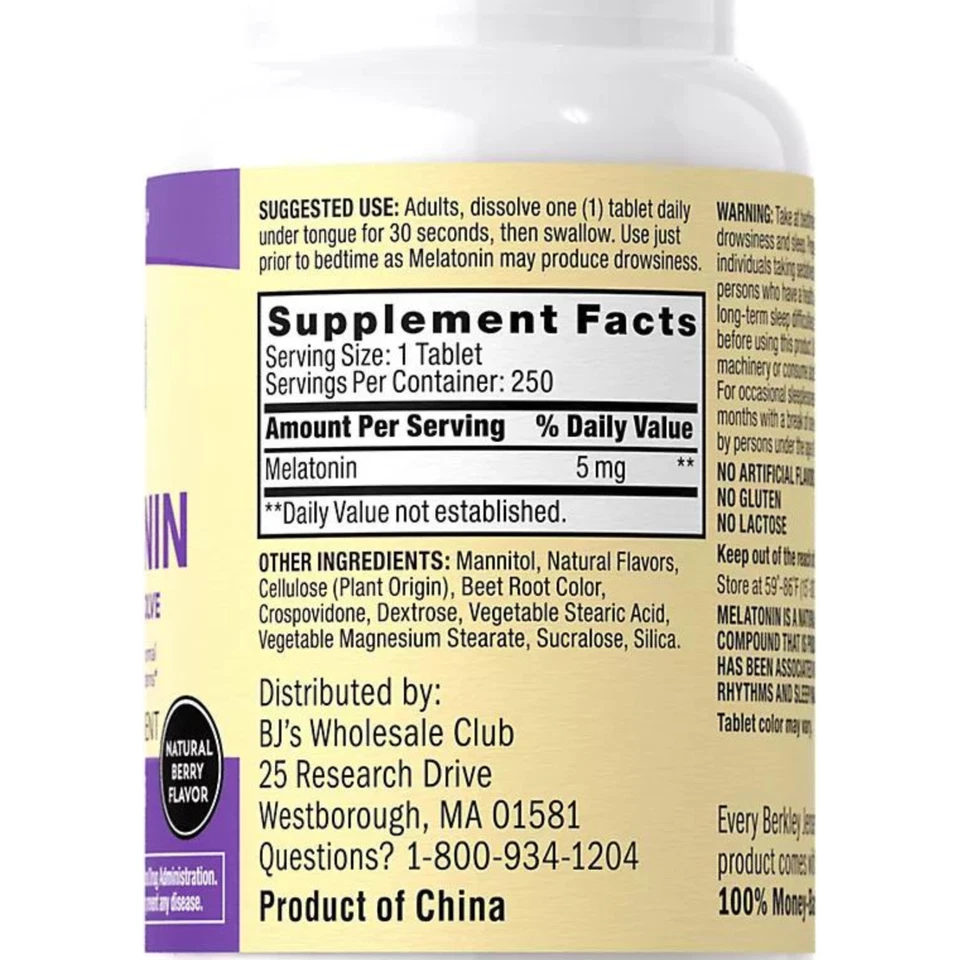Berkley Jensen Melatonina 5 mg Disolución Rápida Sabor Baya Natural 250 Comprimidos Foto 2 de 4