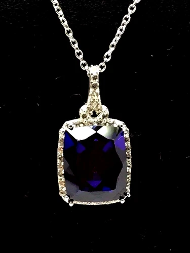 Sterling 925 Faceted Rectangle Blue Tanzanite CZ Halo Bail Loop Necklace 18''