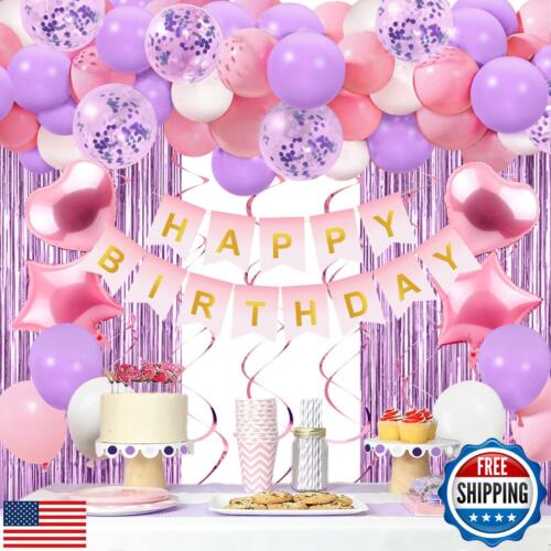Happy Birthday Decorations for Women Girls - 50 PCS Purple Pink Birthday Deco