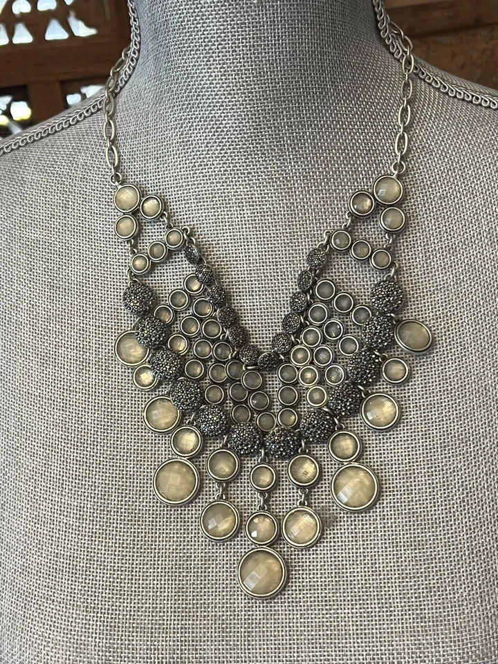 Lucky Brand Bib Necklace Silver Tone Champagne Rhinestones Statement Jewelry - Image 2 of 4