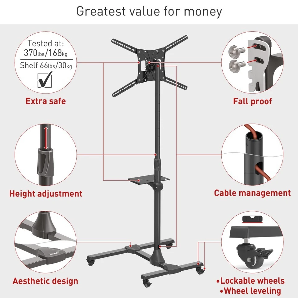 Carro de TV Barkan 13-86 pulgadas inclinación y ajuste de altura, soporta hasta 110 libras Foto 3 de 4