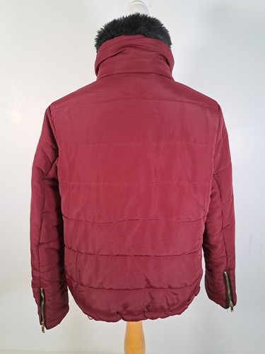 STRADIVARIUS Padded Puffa Coat Burgundy Faux Fur Trim Jacket Women's Size Large - Picture 8 of 22