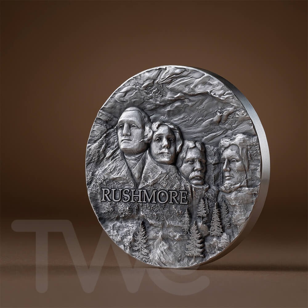 Rushmore Rock-cut Monuments 2 oz Antique finish Silver Coin 10 Cedis Ghana  2024