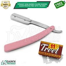 Straight Edge Barber Razor 8.5" Shaving Razor Frosted Pink W/11 Blades German Gr