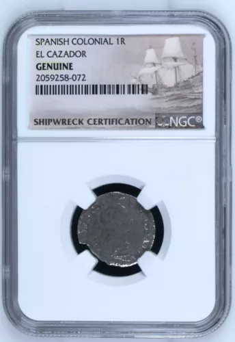  Spanish Colonial Mexico Silver REAL Coin NGC Genuine EL CAZADOR Shipwreck