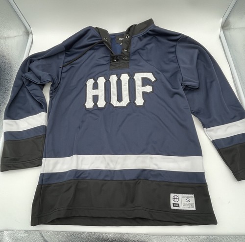HUF Skateboarding Long Sleeve Hockey Hooded Jersey Men Small Stitched Navy - Picture 2 of 13